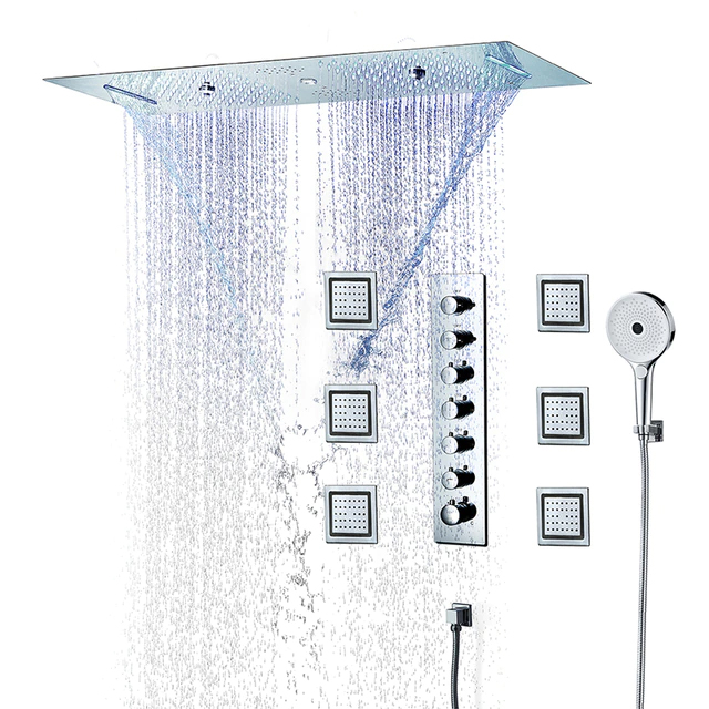 Rome Thermostatic Remote Controlled Rainfall Waterfall LED Recessed Ceiling Mount Large Musical Shower System with Round Hand Shower and Jetted Body Sprays